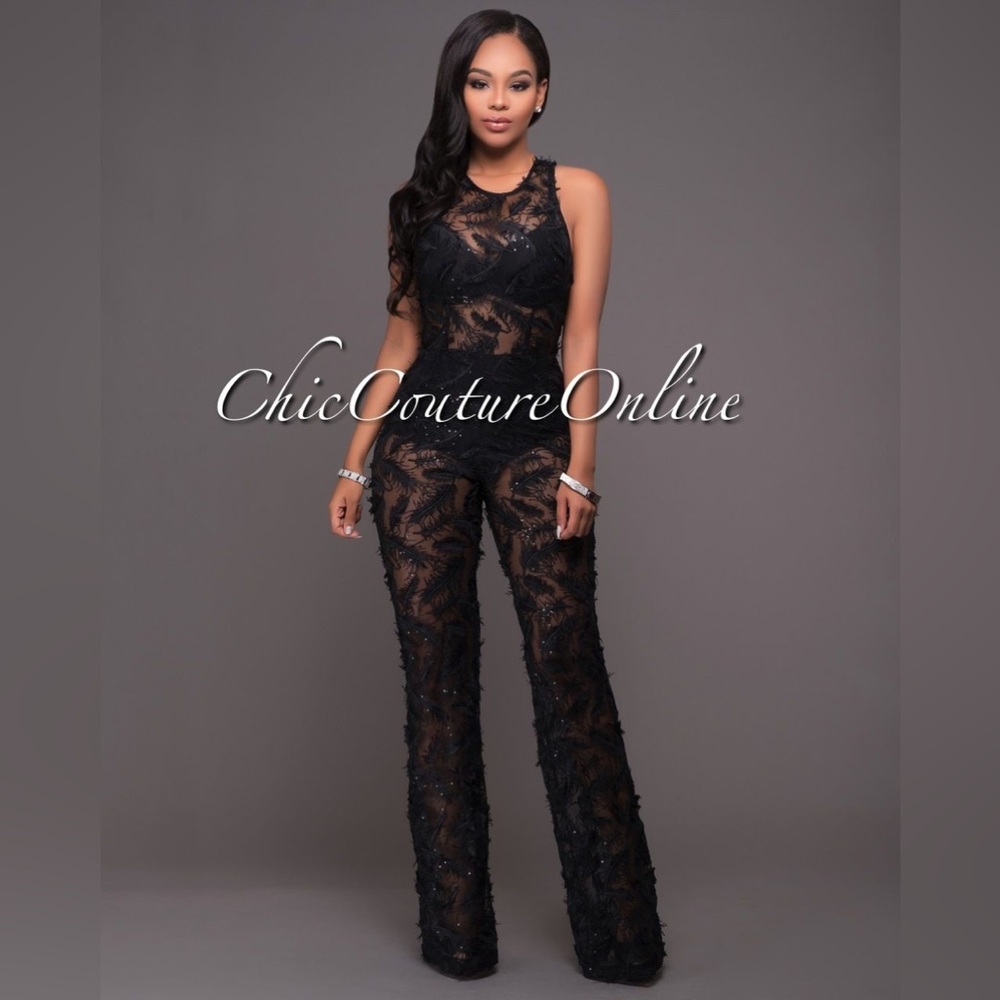 Black Feather Textured Sheer Jumpsuit